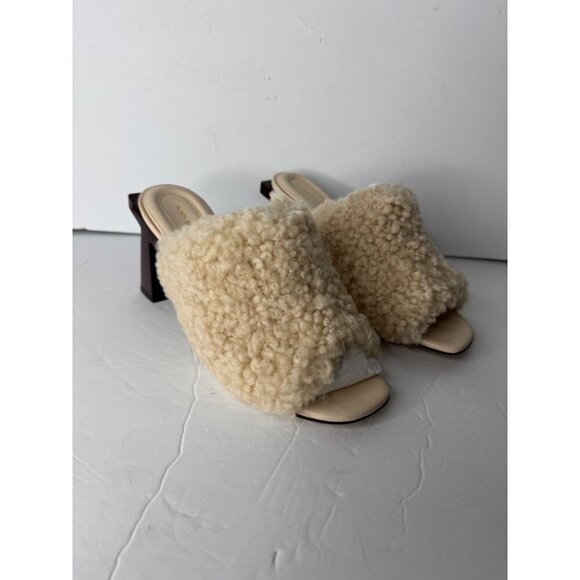 New The Tory Burch Kaku Block T Shearling Mule Sandal Buttermilk/ Brie Sz 8 $398 - Picture 3 of 6